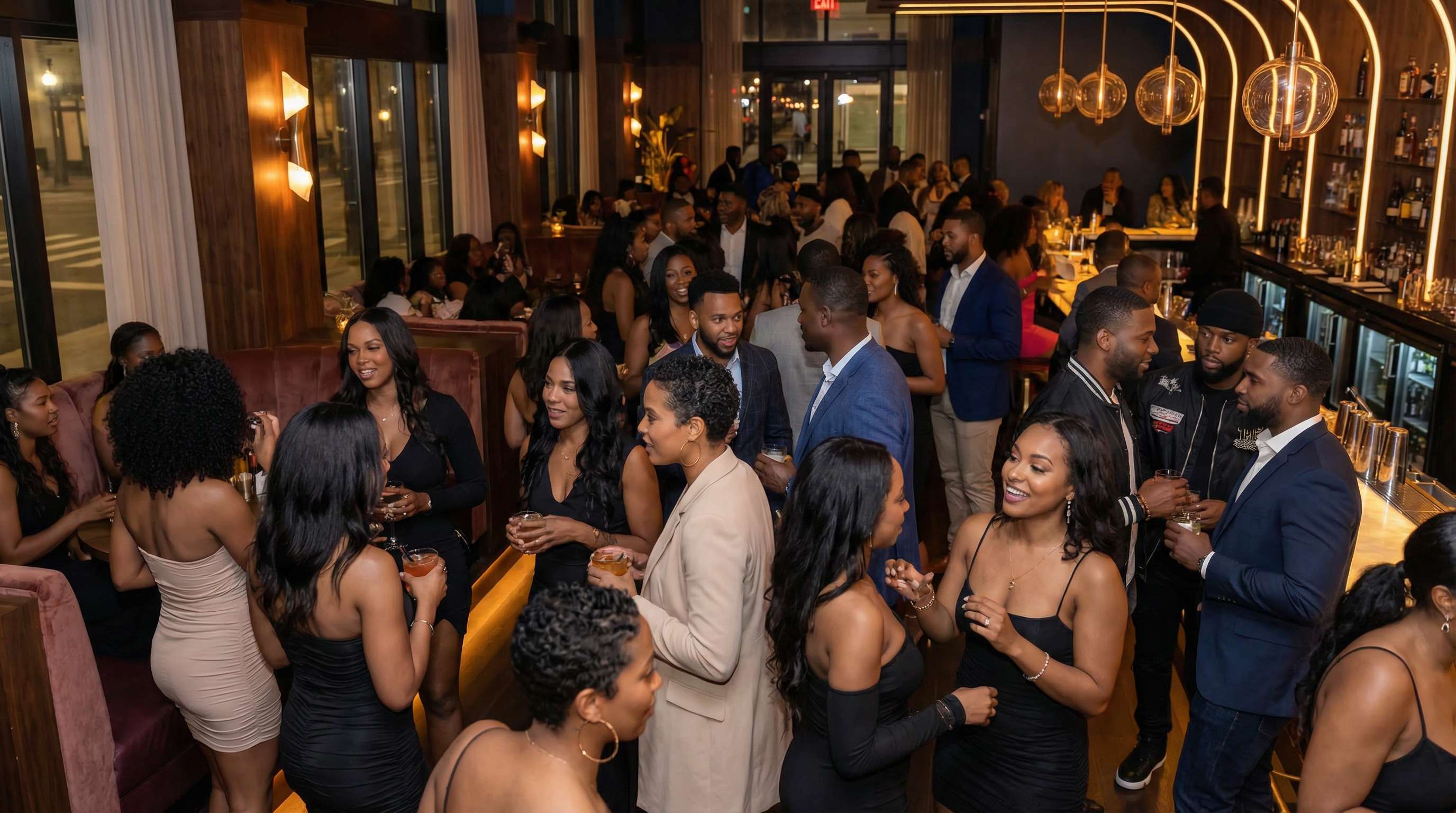 Stylish guests mingling at upscale lounge with pendant lights