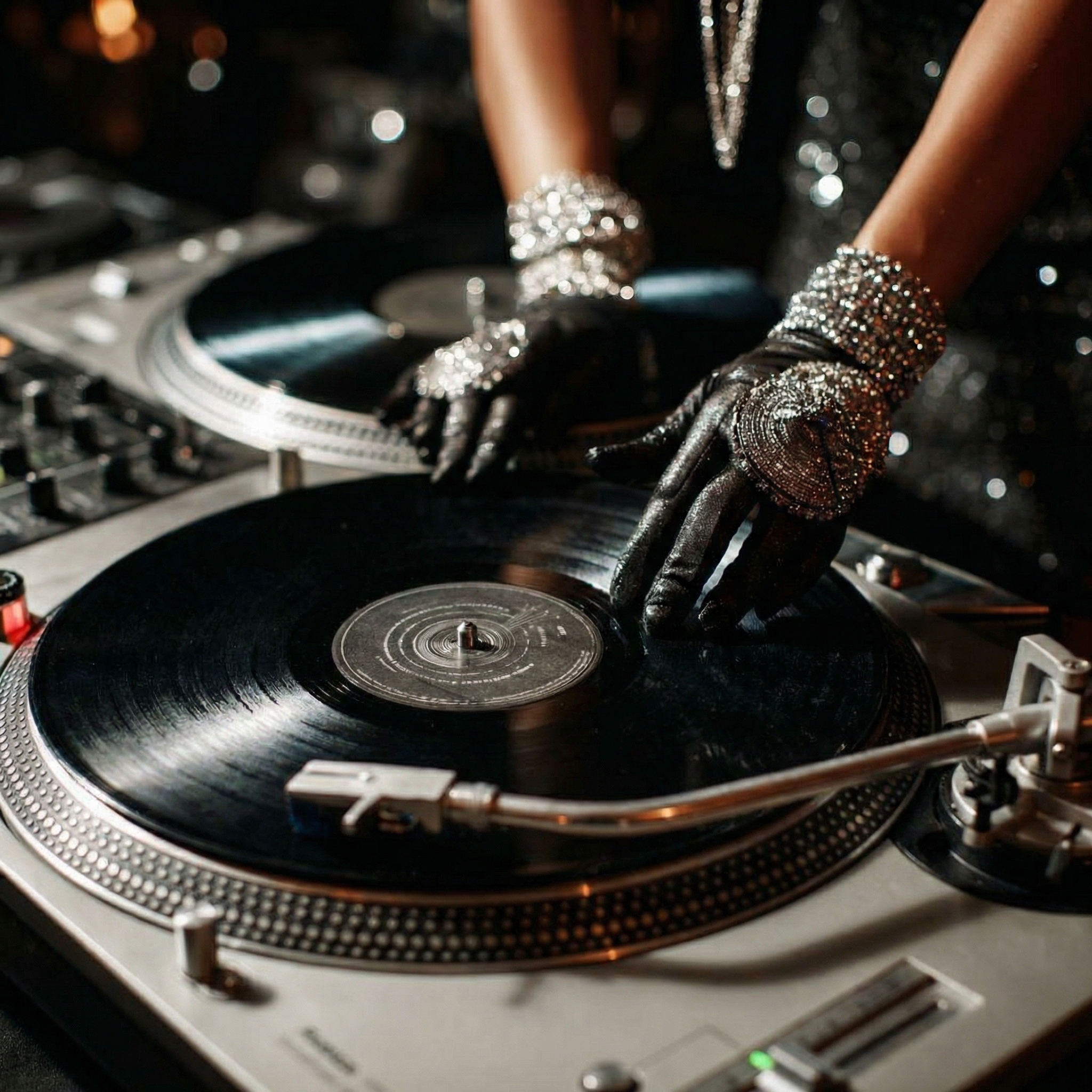 DJ hands with sparkly gloves on vinyl turntables