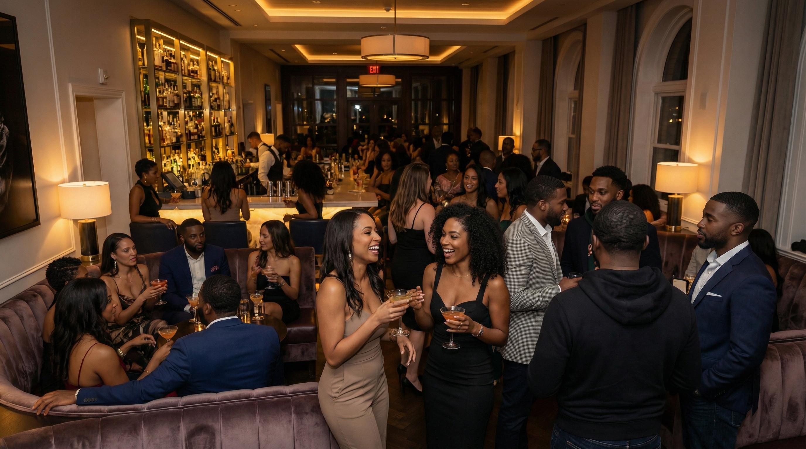 Elegant hotel lounge with guests enjoying cocktails