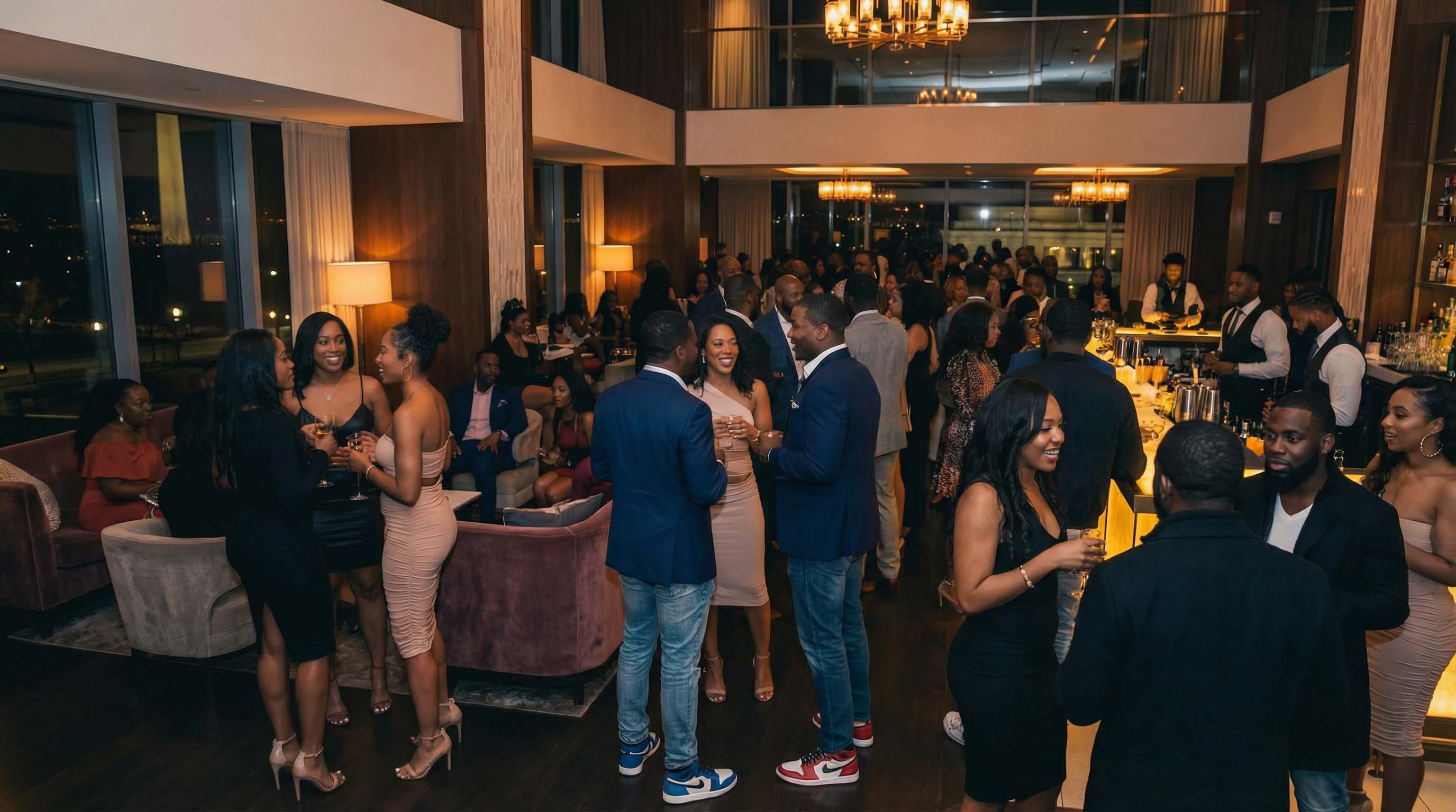 Modern two-story venue with chandelier and city views