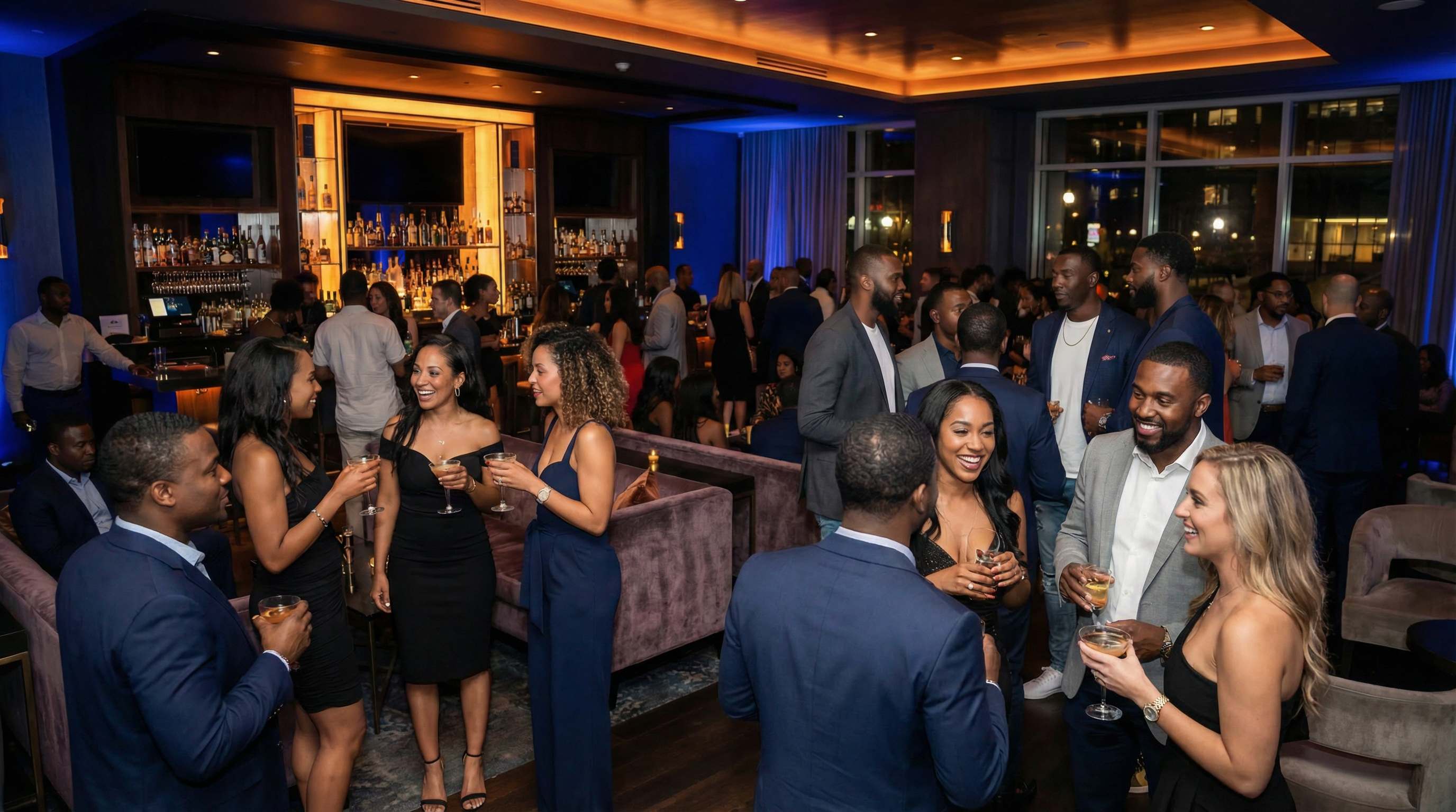 Blue-lit upscale venue with amber bar