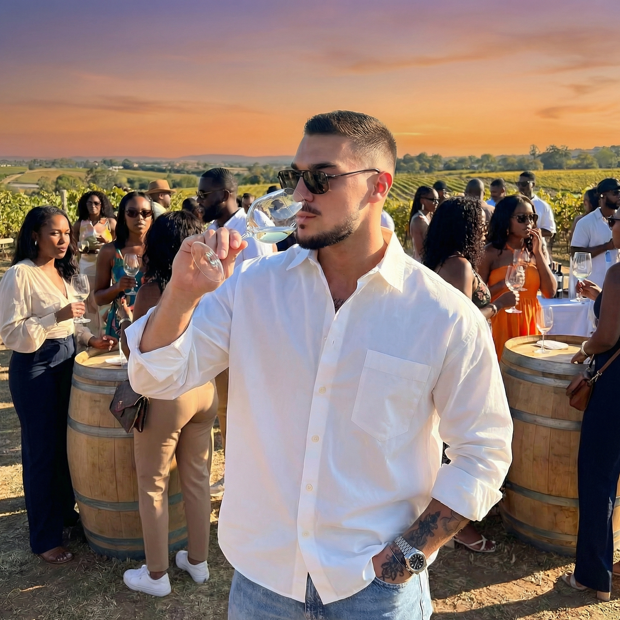 Man drinking wine at vineyard sunset event