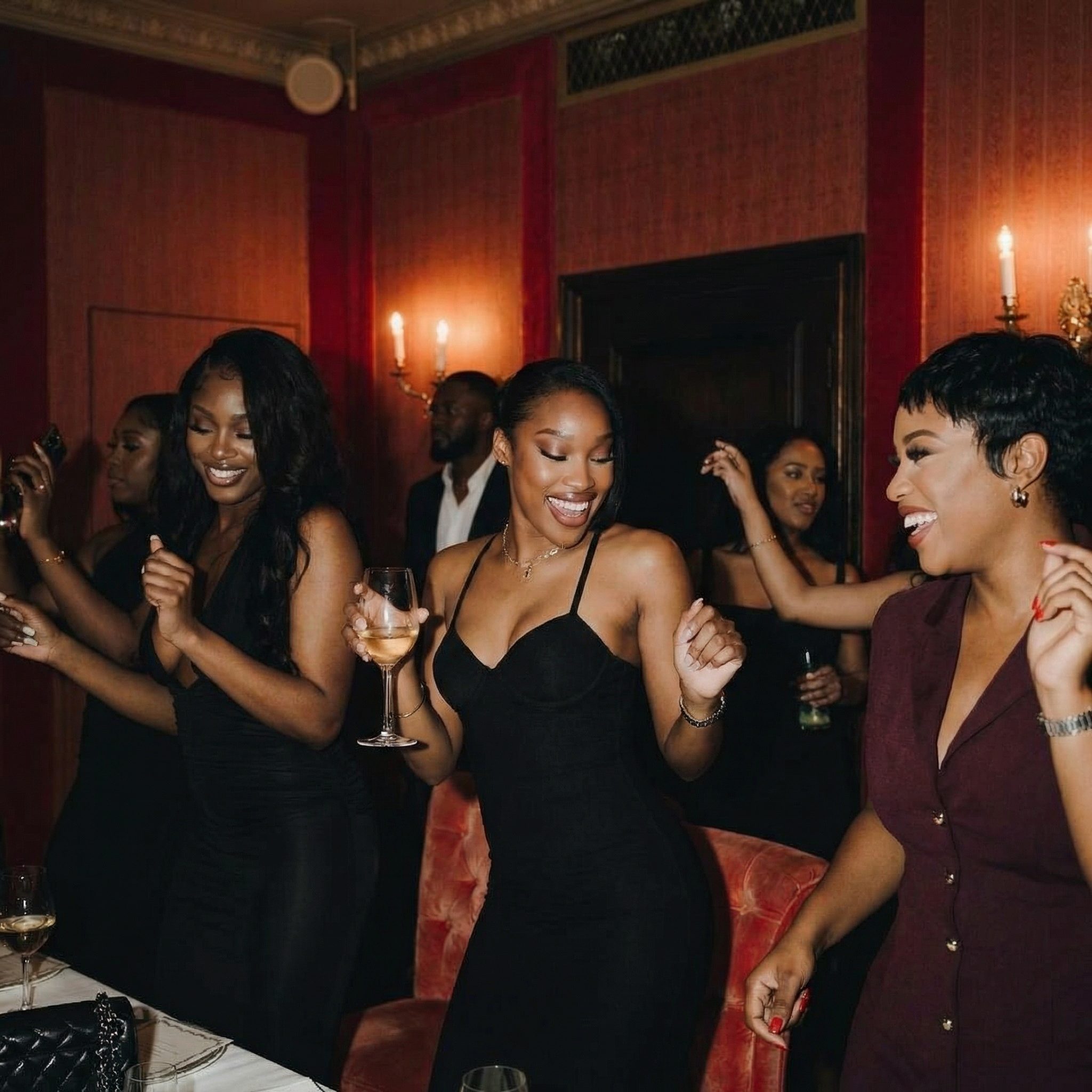Women dancing in elegant red room with candles