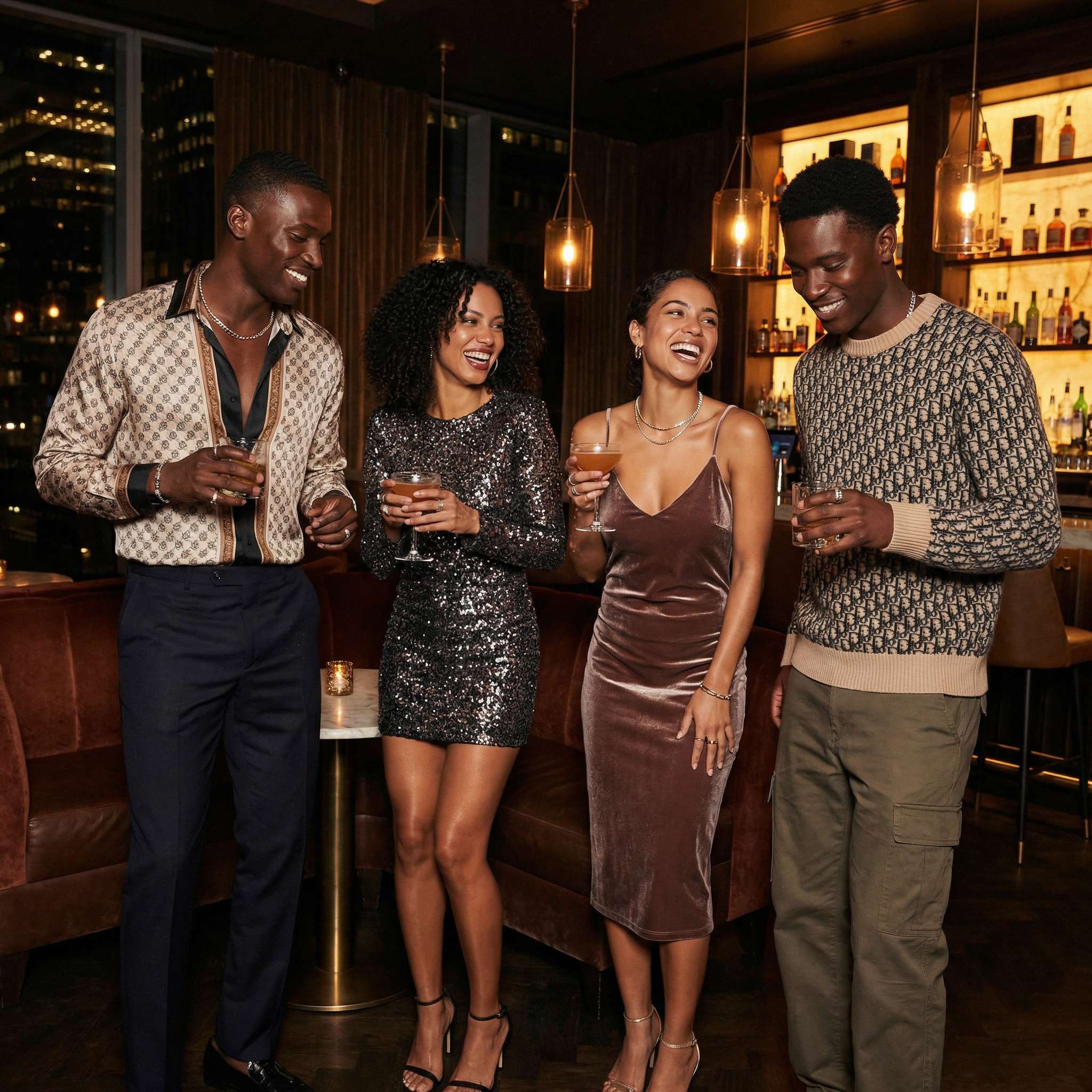 Stylish friends laughing with cocktails at amber-lit bar
