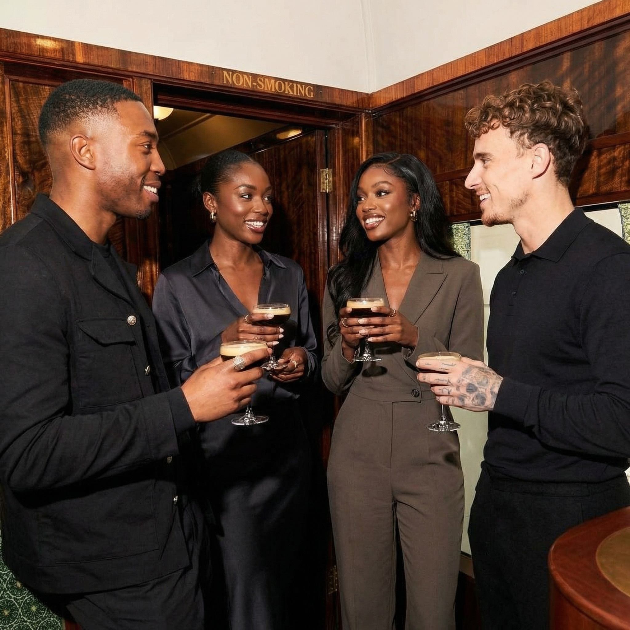 Elegant guests toasting espresso martinis