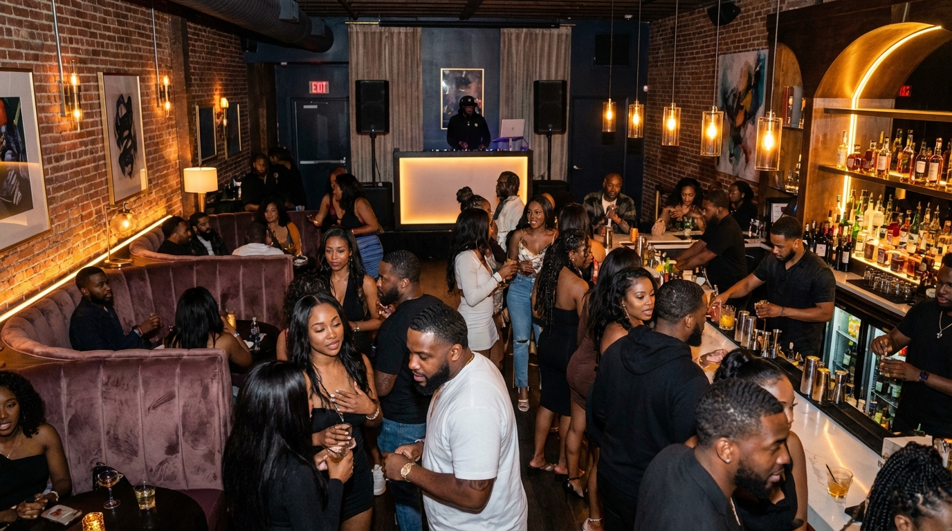 Upscale lounge with DJ booth and brick walls