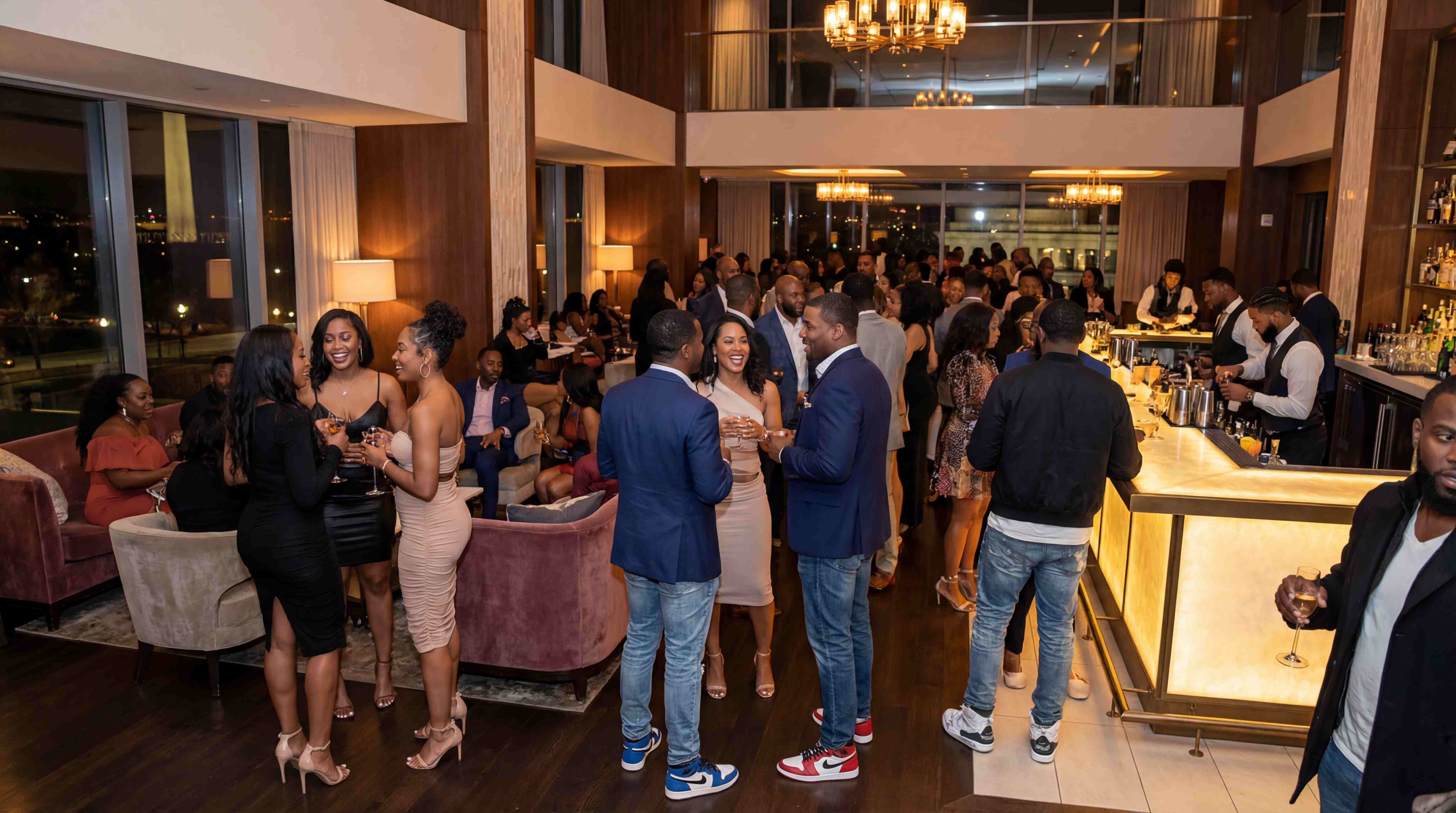 Modern two-story venue with chandelier and illuminated bar
