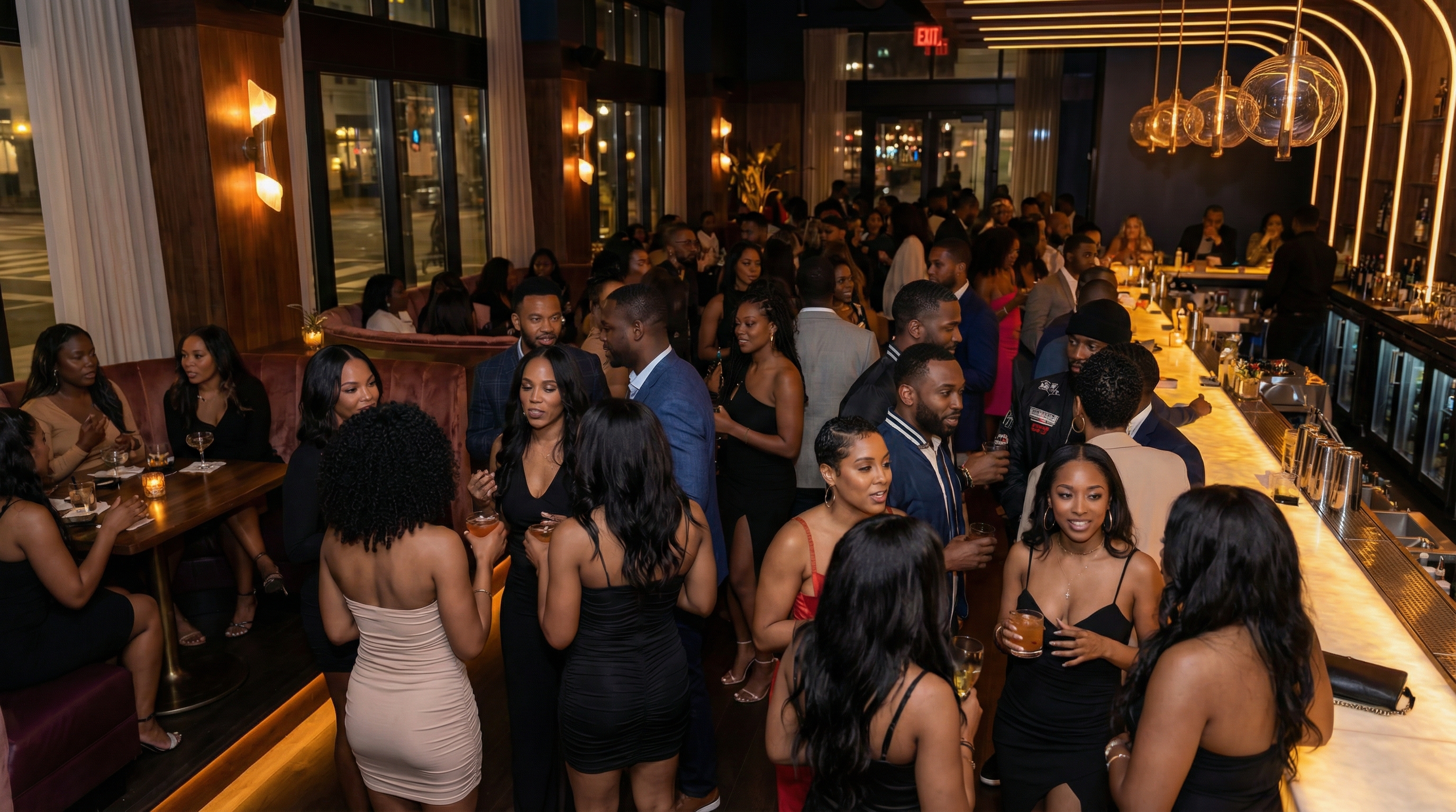 Upscale bar with warm lighting and engaged guests